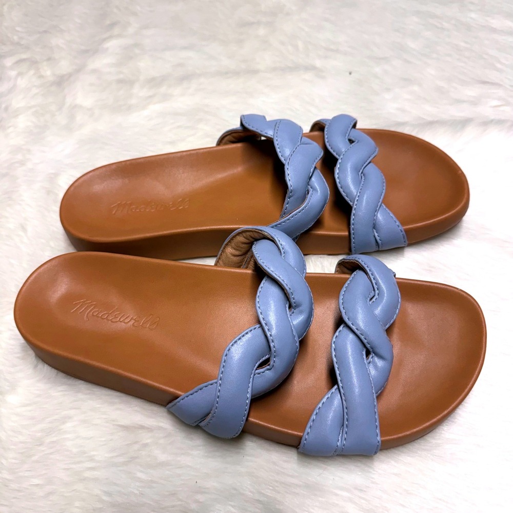 Madewell The Walker Double-Strap Puffy Slide Sandals Light Blue Leather Womens 8